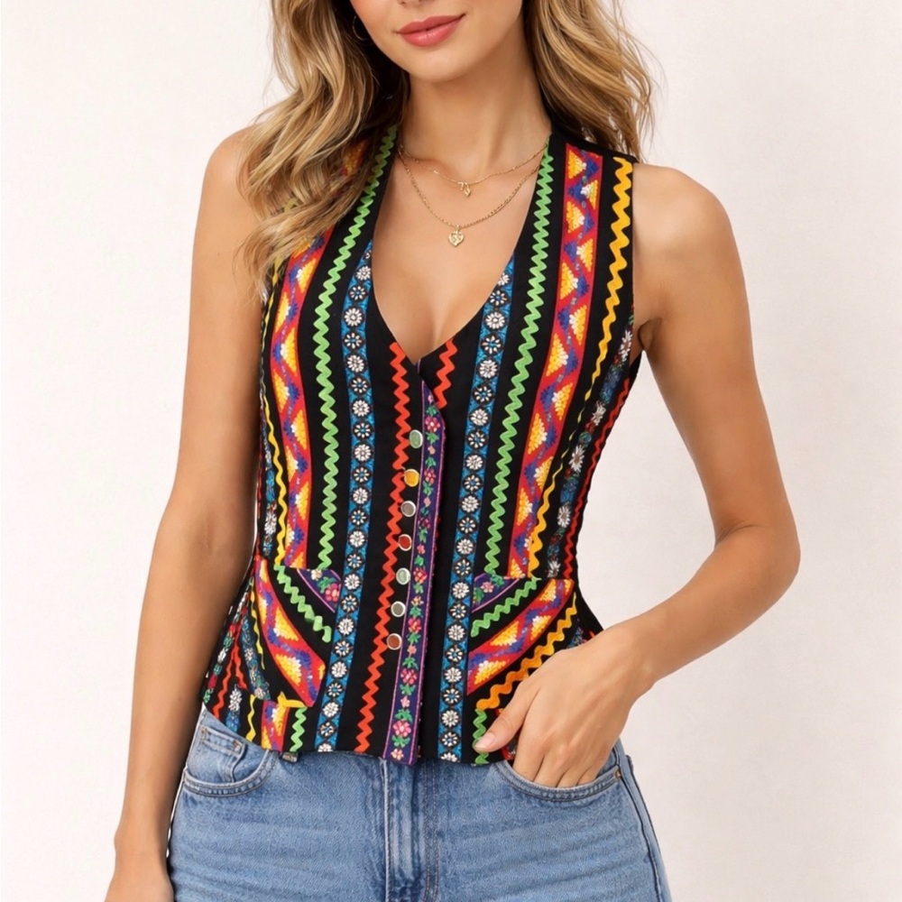 Vintage Times Seven Todd Oldham Womens Medium Multicolor Striped Vest With Butto